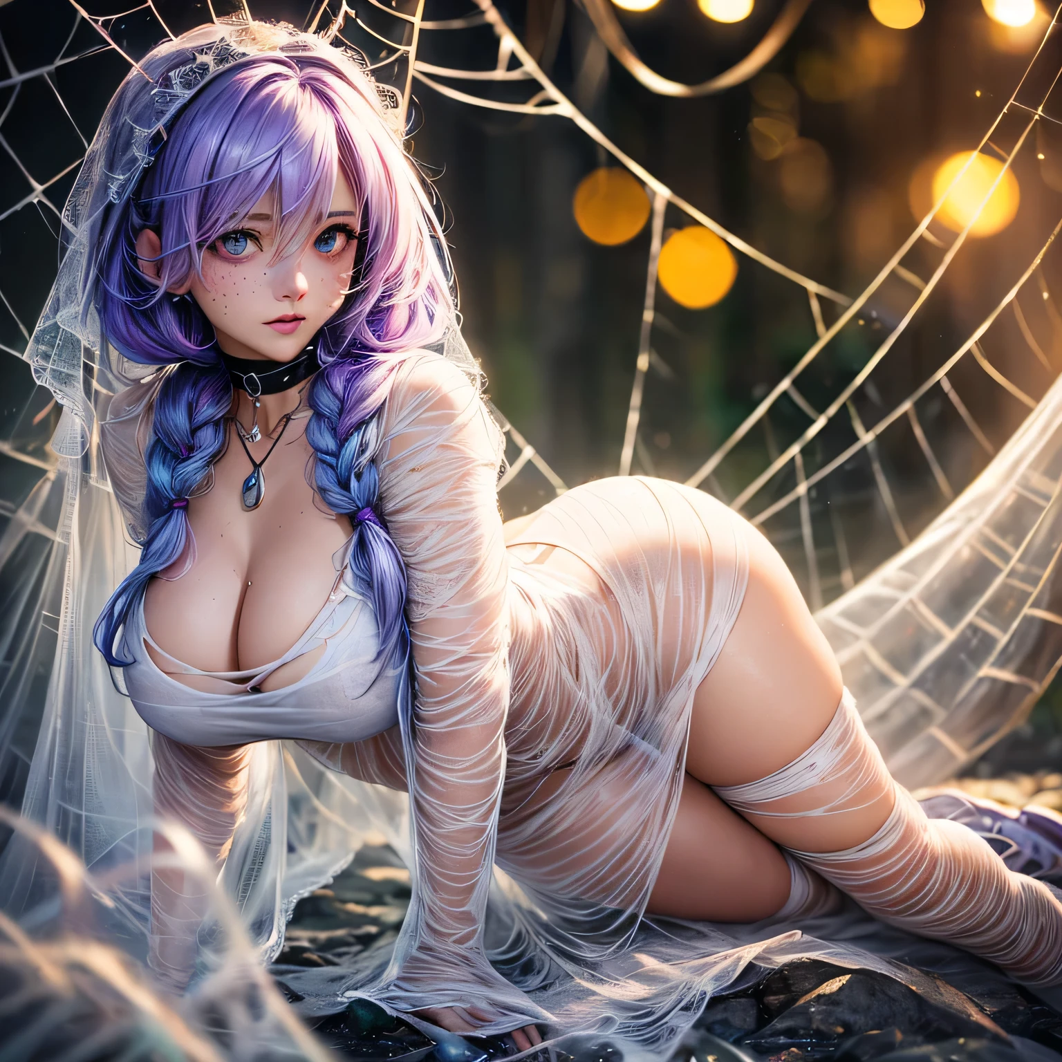 helplessly entangled in the spider's web(long lavender colored hair with a single braid accent),(grey colored eyes),(youthful freckles over nose), (anime) in bar, (choker necklace), (mischievous troublemaker), (sh44r) ,(bar setting). (best quality, 4k, highres, masterpiece:1.2), (ultra-detailed), (realistic, photorealistic:1.37), (vivid colors), (portrait), (bokeh), (soft lighting) full body photo,spider web,cocoon