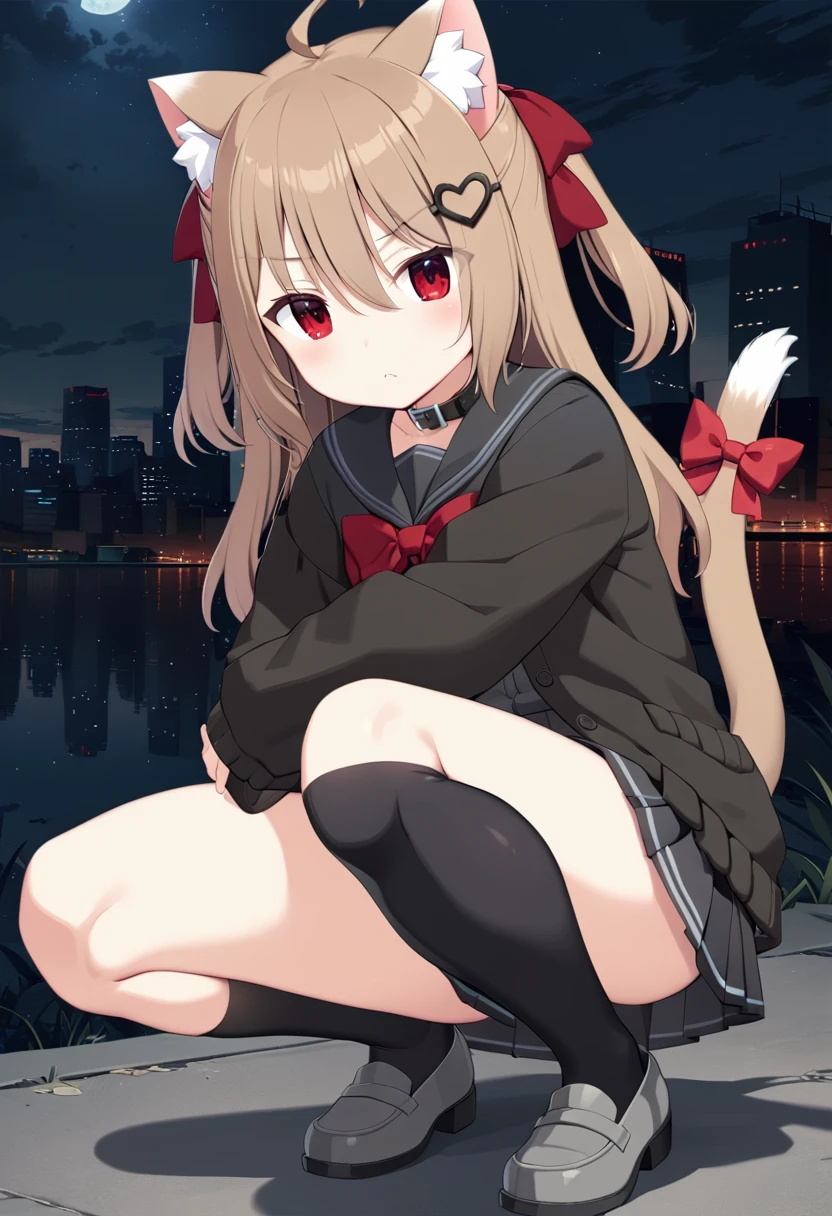 1girl, evil neuro-sama, (yuzu modoki), black skirt, pleated skirt, red eyes, black sailor collar, black cardigan, open cardigan, dark red ribbon, hair ribbon, two side up, ahoge, heart hair ornament, long sleeves, light brown hair, asymmetrical legwear, black thighhighs, black kneehighs, grey footwear, loafers, natural lighting, (masterpiece, best quality), night, skyline, detailed scenery, (3d render:0.7), highly detailed, finely detailed, animal collar, cat ears, cat tail, tail bow, squatting, 