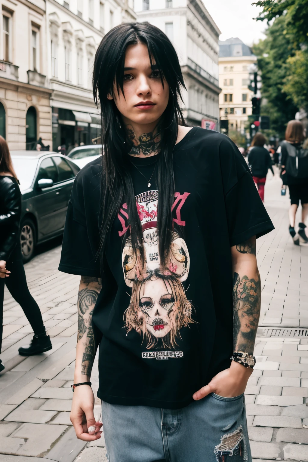 Emo, Man, tattoos, Drop Dead Clothing, scene hair, on mariahilfer strasse in vienna