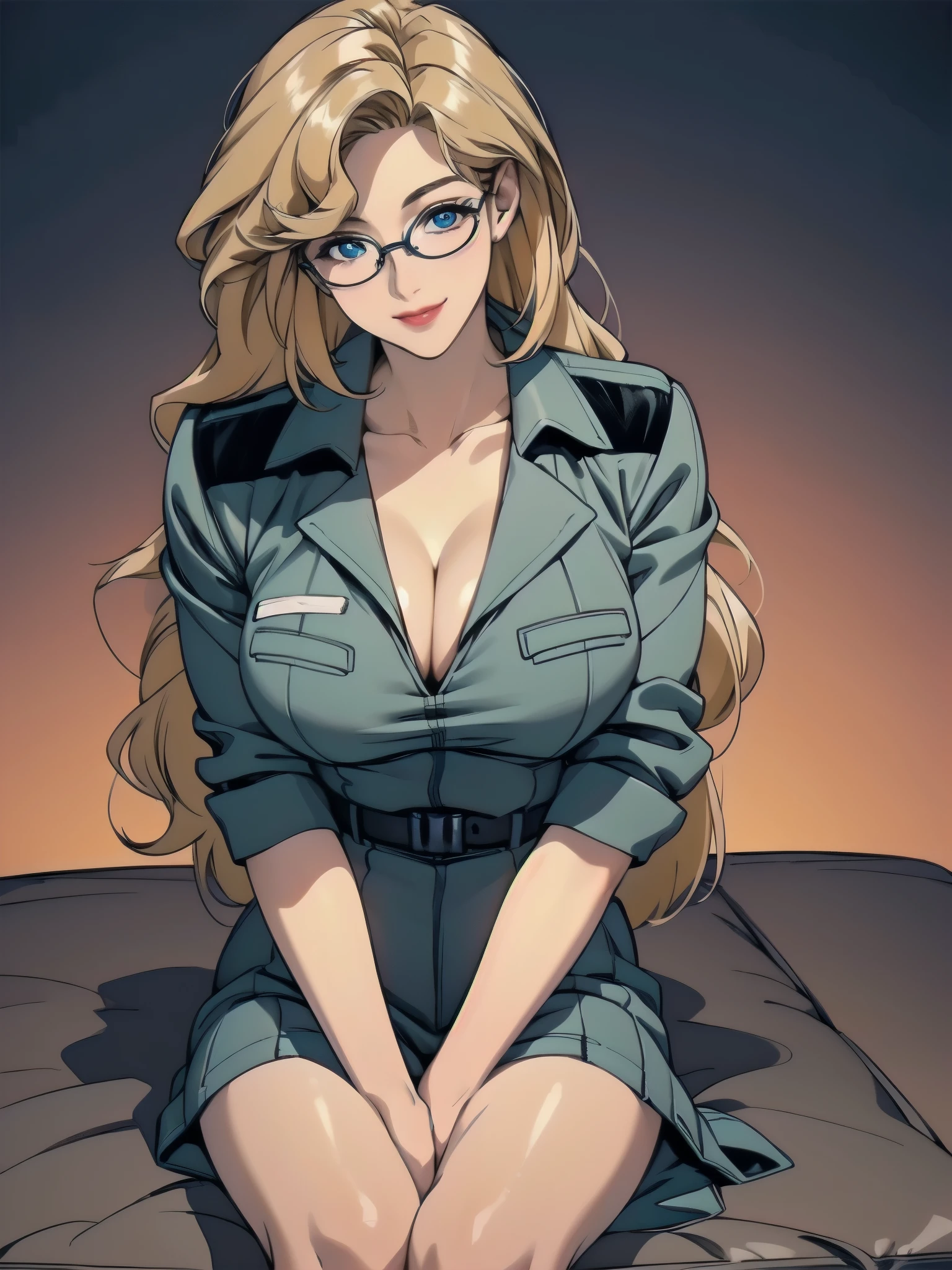 masterpiece, best quality, ultra-detailed, 8k, (detailed background, complex background:1.2), (perfect face, detailed face), 1girl, solo, (mature female, milf), huge breasts, blonde hair, blue eyes, lipstick, Bangs, long hair, glasses, Brown_military_uniform, a uniform with gold trims and a collar, shirt, belt, cleavage, collarbone, Beautiful Finger, Beautiful long legs, Beautiful body, Beautiful Nose, beautiful character design, perfect eyes, perfect face, expressive eyes, perfect balance, (innocent_big_eyes:1.0), night. office, night view of the building street outside, sitting chair, hand between legs, leaning forward, seductive smile, blush, looking at viewer, (Focus on her breasts)