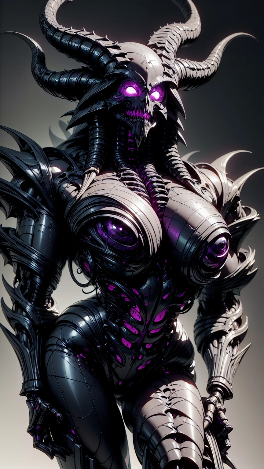 (draconic alien biomechanical succubus with carnage & witchblade physique:1.5), (megan fox as a muscular alien draconic biomechanical demonic woman with flayed skin, gigantic horns, & necrotic metallic muscle:1.5), (witchblade muscular anatomy:1.25), (perfect fingers:1.25), ((wide shoulders & upper body:1.25)), (very skinny legs:1), (huge muscular arms:1.25), (ten pack abs:1.25), (full body view:1.25), choker, detailed eyes, (looking at viewer), (smile:1.25), (blank dark background:1.25), in the art style of H.P. Giger, (beautiful girl face:1.25)