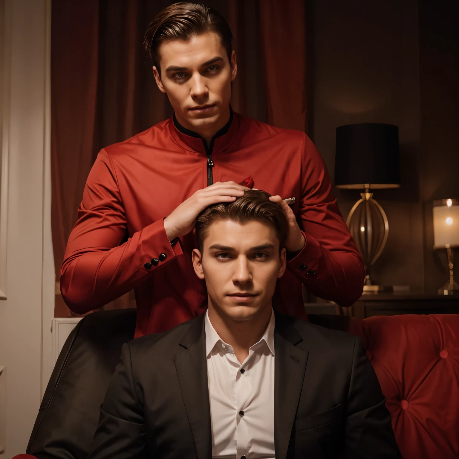 Handsome male Evil villain wearing red devilish suit hypnotizing male ager to obey him. Evil smirk