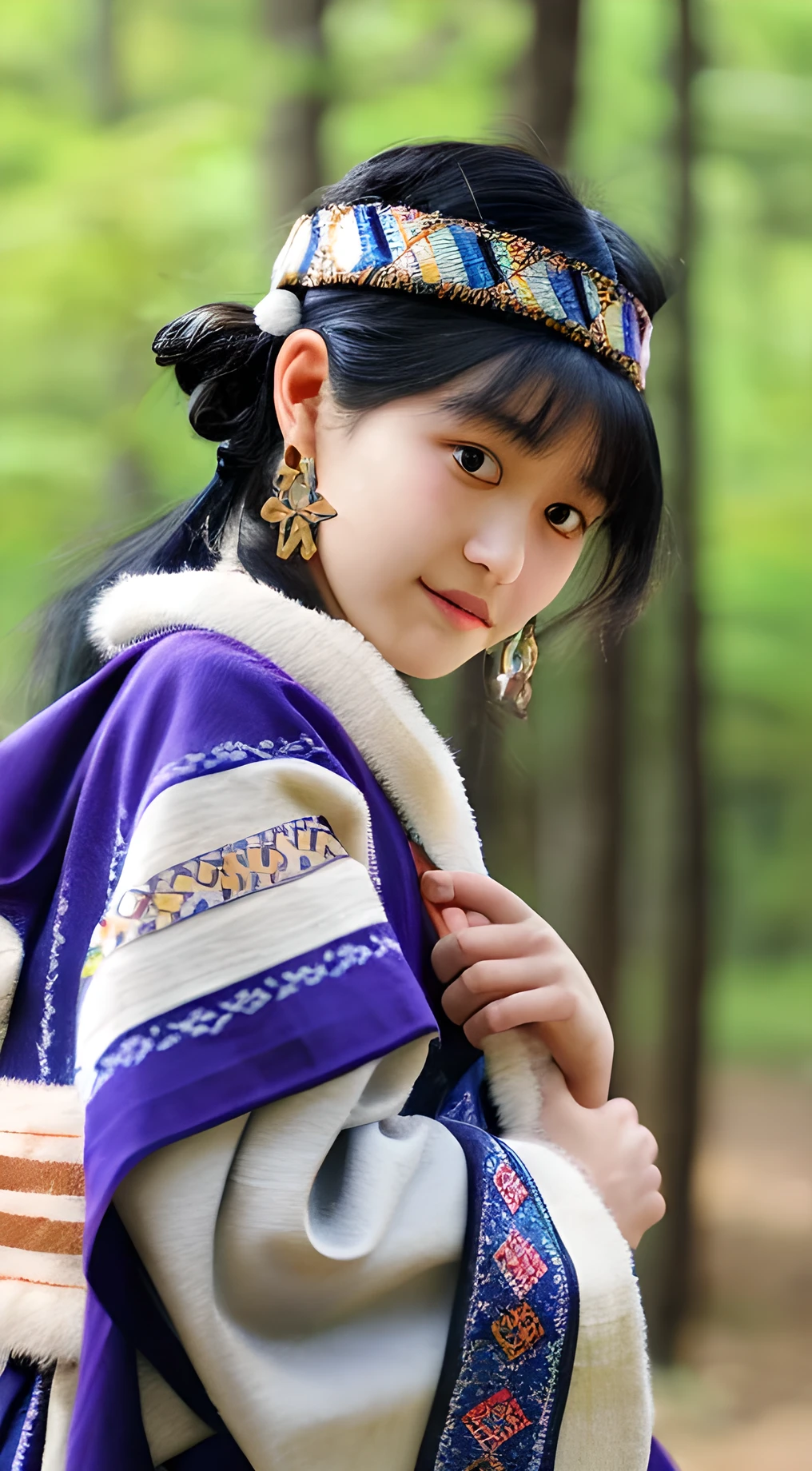 Mulher bonita de 15 anos de idade Ainu em traje nacional, mesa, hiperdetalhes. Antecedentes de HokkaidoAsirpa is a short Ainu girl with a small frame. She has dark hair which reaches the middle of her back, and blue eyes with tints of green, the same eyes her father had.

Asirpa wears a white Ainu robe made from bark called attus, complete with traditional swirling motif at the edges of the cloth over a purple band. Underneath she wears a purple kimono, which is tucked at the back. Asirpa wears dark leggings and deerskin boots called yukker. In cold weather Asirpa puts on a wolf fur mantle to cover herself in the wild.

She also wears a number of accessories, most notably a purple embroidered headband with swirling motif called matanpushi, matching tekunpe hand coverings, and two ninkari earrings that she received as heirloom from her mother.[4] In warmer weather, she can be seen wearing a rekutunpe necklace.

Asirpa carries many items, most notably her longbow and quiver, but also several knives in carved sheathes