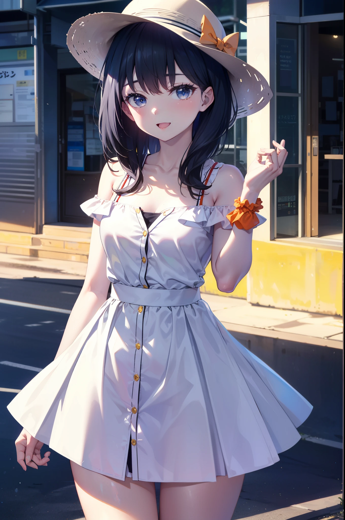 Rikka body, rikka takarada, Black Hair, blue eyes, Long Hair, orange Scrunchie, Scrunchie, wrist Scrunchie,Off-the-shoulder sleeveless dress,Bare shoulders,Bare neck,Bare arms,bare clavicle,Long skirt,sneakers,Baseball hats,happy smile, smile, Open your mouth,whole bodyがイラストに入るように,
break outdoors, Coastal Road,
break looking at viewer,whole body, (Cowboy Shot:1.5),
break (masterpiece:1.2), highest quality, High resolution, unity 8k wallpaper, (figure:0.8), (Beautiful fine details:1.6), Highly detailed face, Perfect lighting, Highly detailed CG, (Perfect hands, Perfect Anatomy),