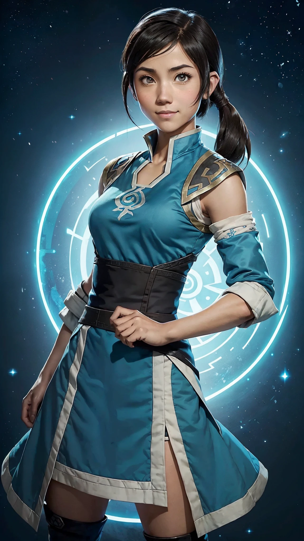 ((TOTALLY ALONE)), Korra (Avatar The Last Airbender), (always repeat the same face), (always repeat the same appearance), (always repeat the same proportions), (always repeat the same clothes), looking at the camera, completely alone, always shown full body, happy smile