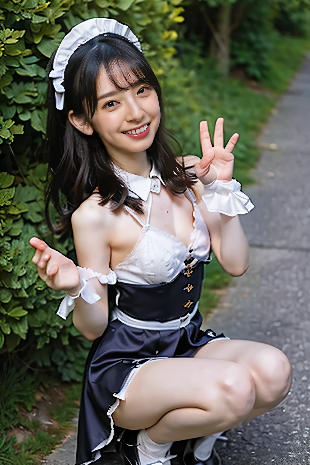 (8k、RAW Photos、highest quality、masterpiece:1.2)、(Realistic、Realistic)、1 girl、(from below)、(See-through、small Breasts、slim, skinny legs ,View from the front、Cute maid Costumes、Are sitting,open legs:1.5,squatting)),smile,detail face,detail skin ,twintails