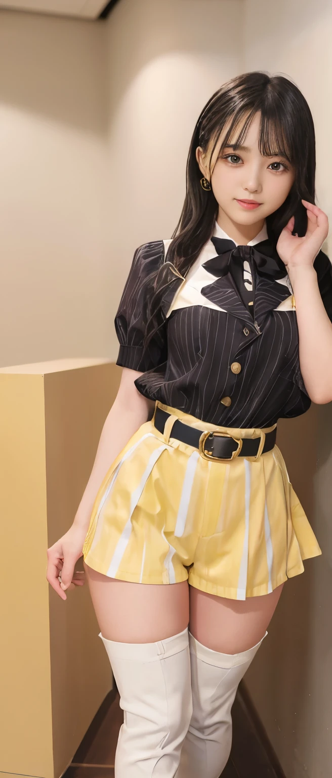Cute idol girl、whole body、Good style、、Yellow Striped Shorts、、、、、、、Tuxedo、Wild Belt、、Knee-high boots
