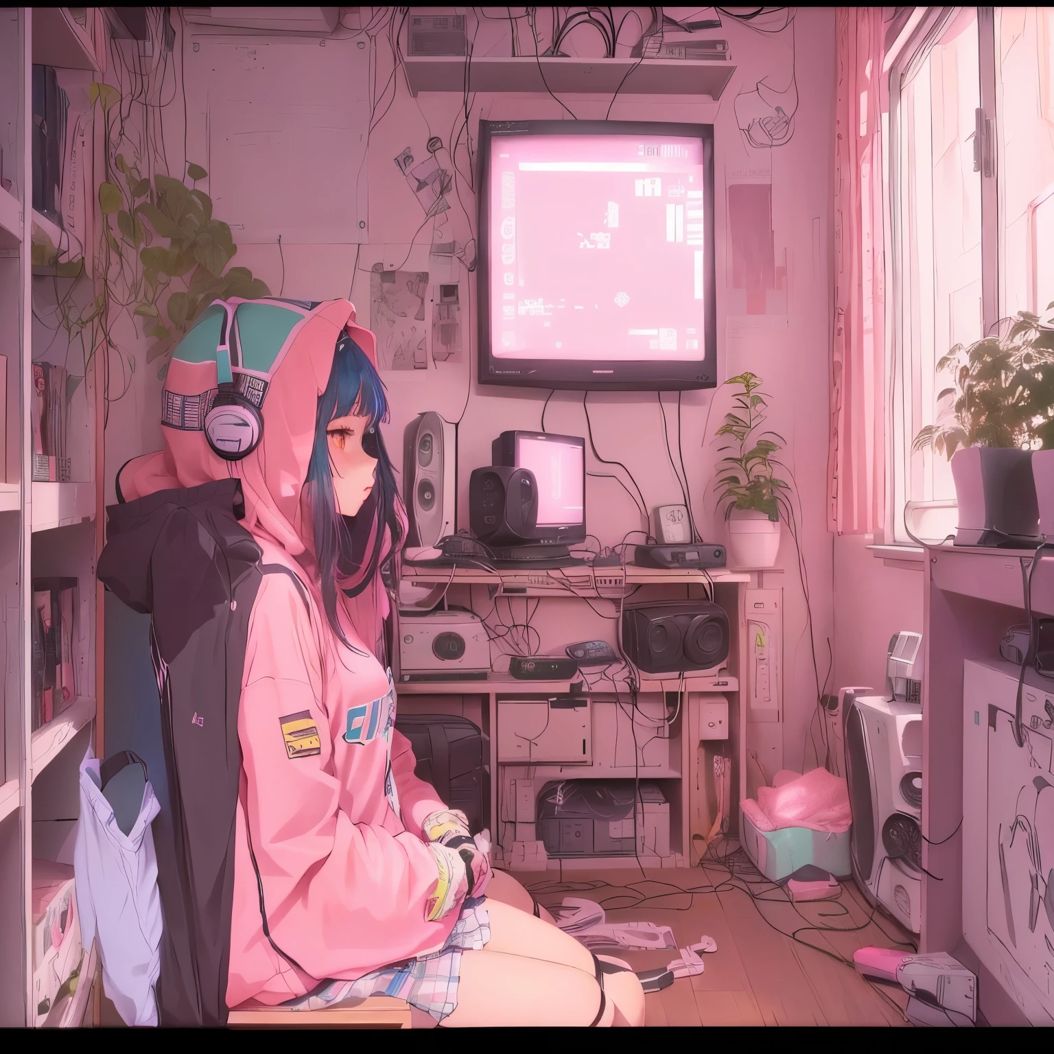 anime girl sitting in a chair in front of a tv, lofi girl, lofi girl aesthetic, lofi artstyle, anime aesthetic, lofi aesthetic, lofi art, gamer aesthetic, lofi feel, lofi hip hop, anime vibes, lofi vibes, lofi, lo-fi art, anime lover, 8 0 s anime vibe, neon room moody rgb