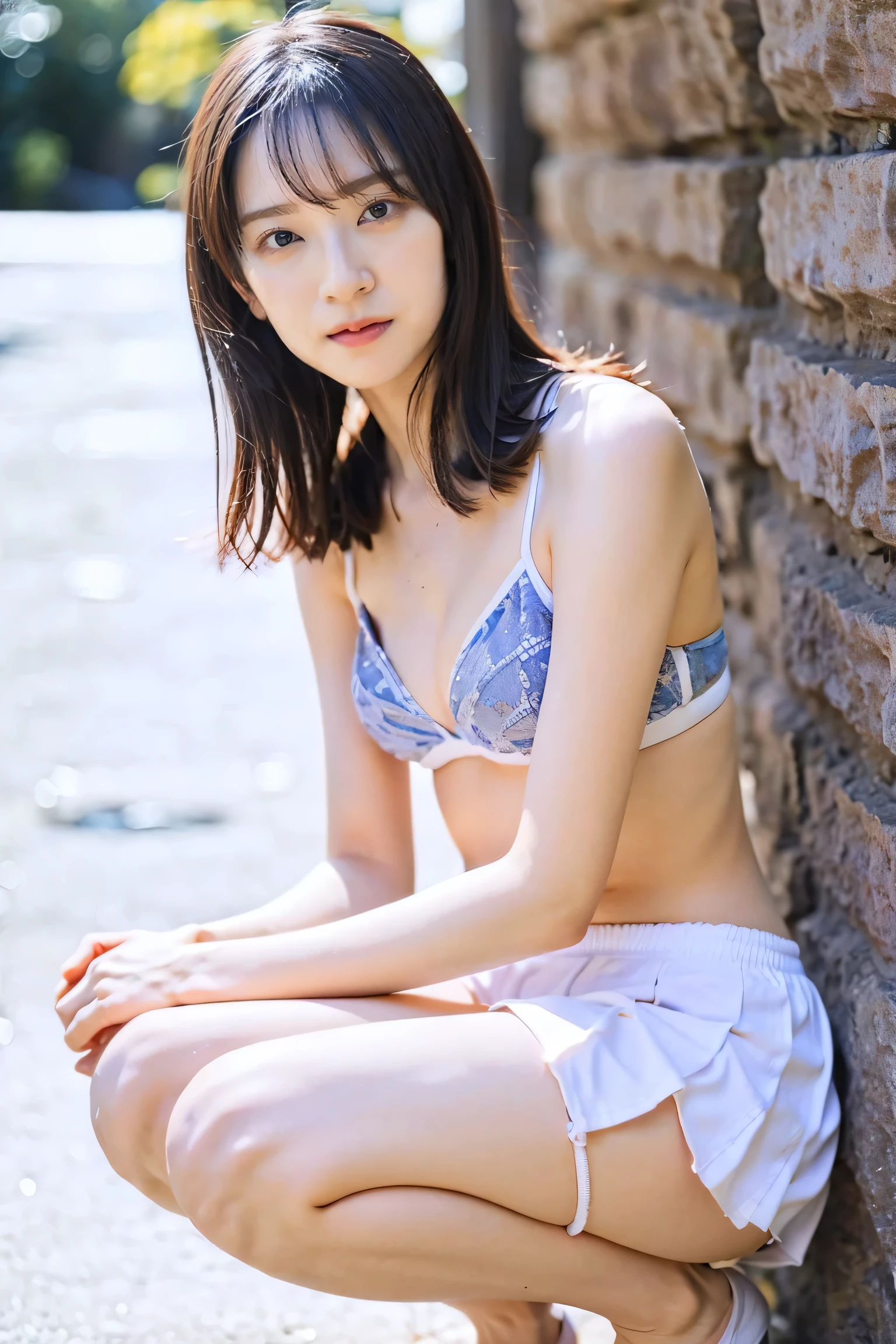 (8k、RAW Photos、highest quality、masterpiece:1.2)、(Realistic、Realistic)、1 girl、((White and light blue bikini,See-through、small Breasts、slim, skinny legs ,View from the front、Cute Costumes、Are sitting,open legs:1.5,squatting,show me panty,skirt lift my self)),smile,detail face,detail skin,wintails