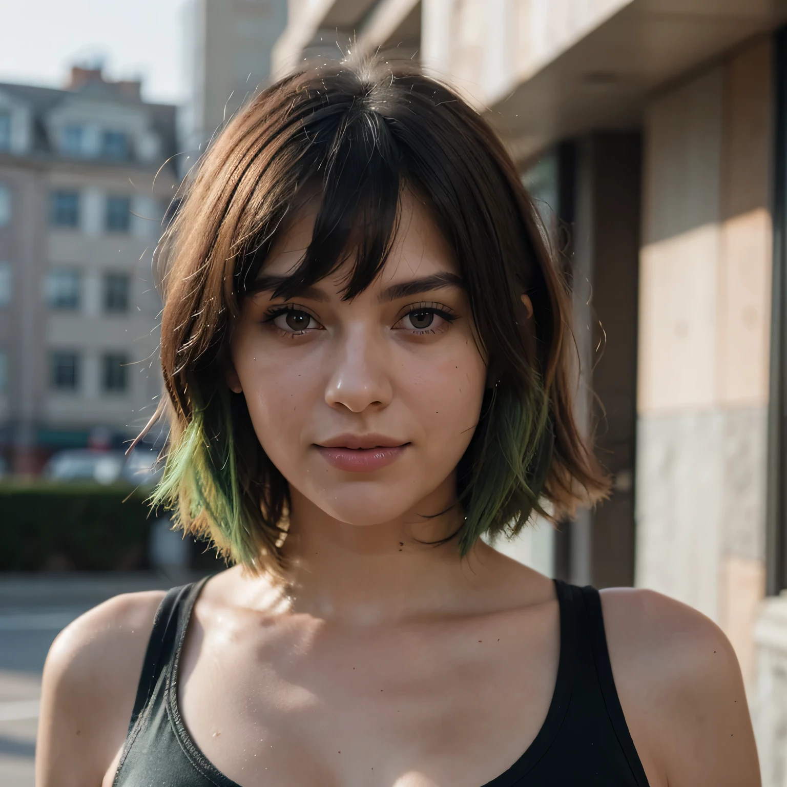 1girls, Nur, green Hair , 24 years old , photorealistic:1.4, masterpiece, best quality, solo, Detailed face:1.2, perfect proportions, realistic photos, short hair, hair at shoulder length slightly above the shoulder, hair ends will be green especially green, technical suit, blurred background shot, eye focus, cowboy shot, huge city background, front facing, dramatic light, cinematic light, realistic, realism,Best Quality, 8K, Masterpiece:1.3)), Focus: 1.2, Perfect Body Beauty: 1.4, Hips: 1.2, , High Detail Facial and Skin Texture, Thin Eyes, Double Eyelids, , Smile,