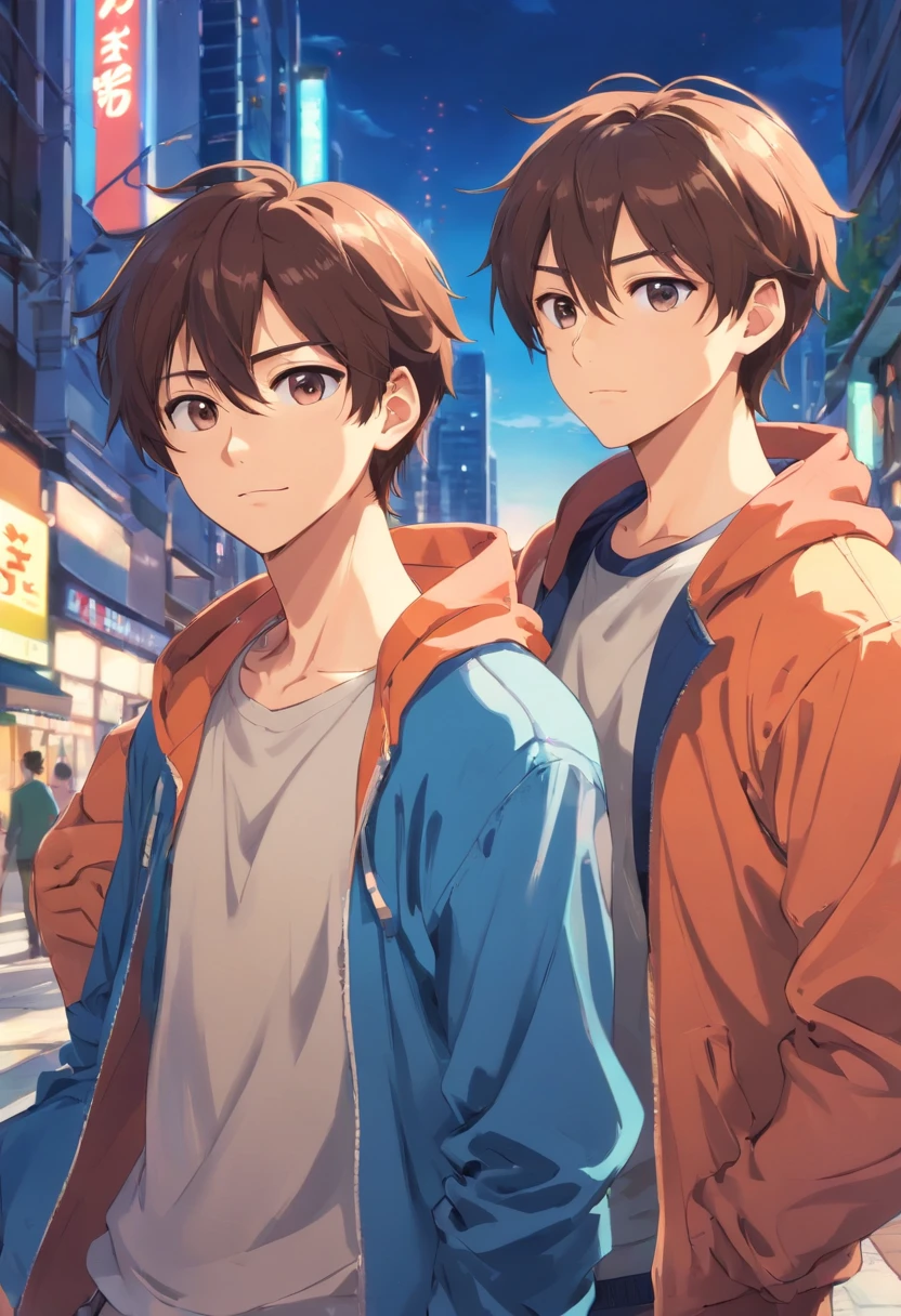Fan art、(creation:1.4),(HDR),moe,Strongest configuration、High resolution、Men's Models、(Protagonist Boy,male protagonist、Anime characters)、(Young Man、Detailed man、cool:1.4、cool:1.4)、((Detailed manface:1.4))、face、refer to、hand、smart、(A charming and bright personality)、cool男子高校生、Slim body、youth、Sunny、Natural light、Me and my boyfriend、{My future is being hidden by a hidden BL route that will forcefully finalize my same-sex marriage with my boyfriend}