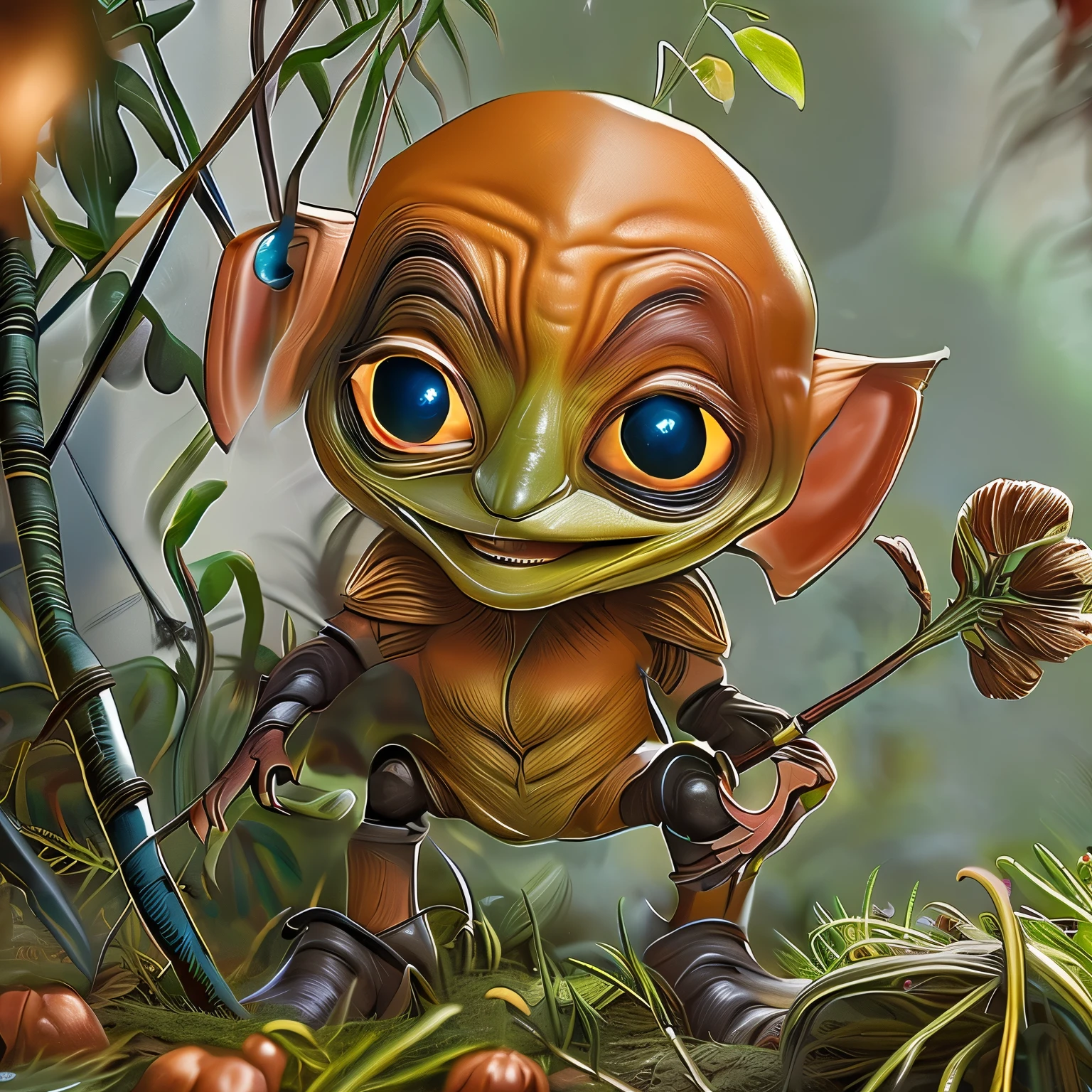 In the cave，Small male goblin, large ears, long proboscis nose, big eyes, Cute creatures from space. terraforming. alien flora, Macro photography, Close-up, ultra - detailed, trending on artstation, Sharp focus, studio photo, Intricate details, Highly detailed, author：Detailed realistic goblin skin, Reality, Realism, (higly detailed: 1.1), rough face, natural skin, hiquality, NSFW, pretty eyes, (Detailed goblin face and eyes), tumult, Complementary, real-photo, Lightweight Film Photography, sharp-focus, contrast lighting, Detail Skin, high resolution 8k, Crazy detailing, Realistic, professional photo of a, 8K UHD, dslr, soft light, hiquality, film grains, Fujifilm XT3, insectoverlords