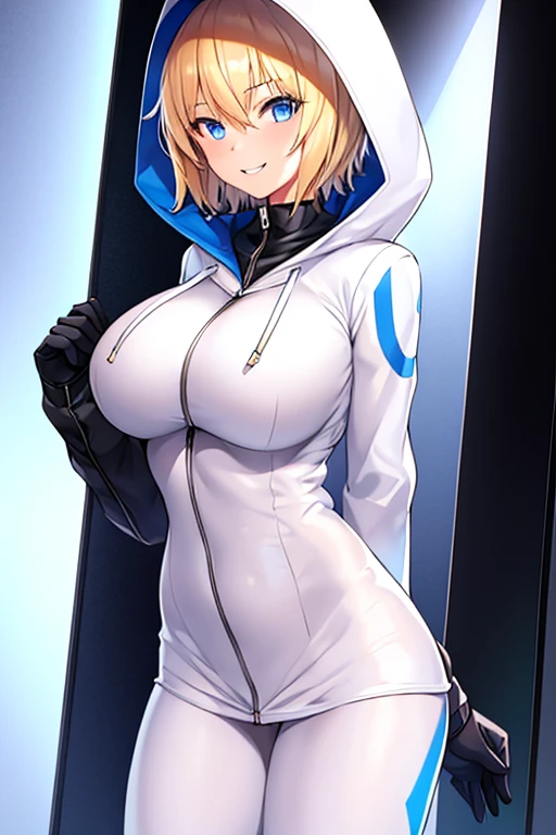 1girl, blonde hair, blue eyes, very short hair, hood up, hoodie, jacket, white jacket, hooded jacket, glowing eyes, bodysuit, black bodysuit, smile, tall, tall female, large breasts, toned, toned female