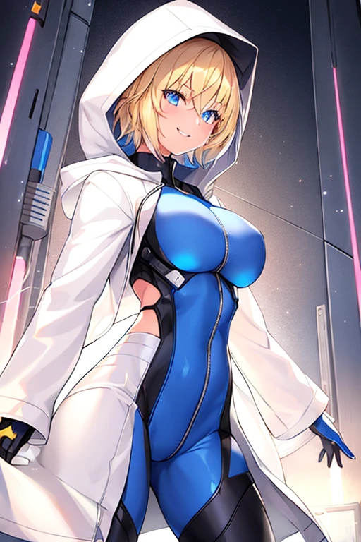 1girl, blonde hair, blue eyes, very short hair, hood up, hoodie, jacket, white jacket, hooded jacket, glowing eyes, bodysuit, black bodysuit, smile, tall, tall female, large breasts, toned, toned female