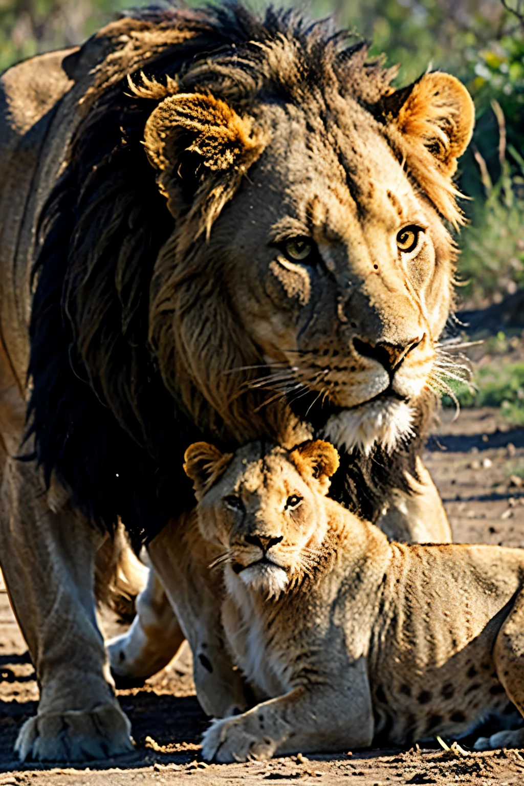 Lion protecting his female cub 