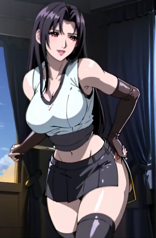  sultry face, (White vest:1.5), Black latex miniskirt, (Black long hair), Bangs (Red Eyes:1.2) Long eyelashes, Surrealism, shadow, Stereogram, View, Atmospheric perspective, Movie Lighting, Ray Tracing, 8k, Super Detail, best quality, masterpiece, Very detailed,Combat gloves, Large Breasts, Slim, Big , huge , [特写Cleavage]]]]huge长下垂的乳房, Cleavage, The chest is more exposed，Open your legs, White Thong (Smile)