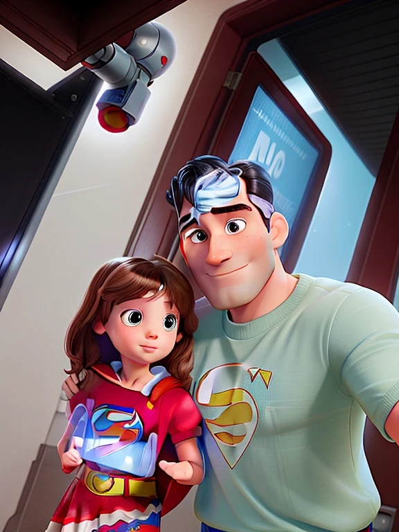 Daddy Superman and 4 year old daughter Supergirl with Pixar Disney style outer space background