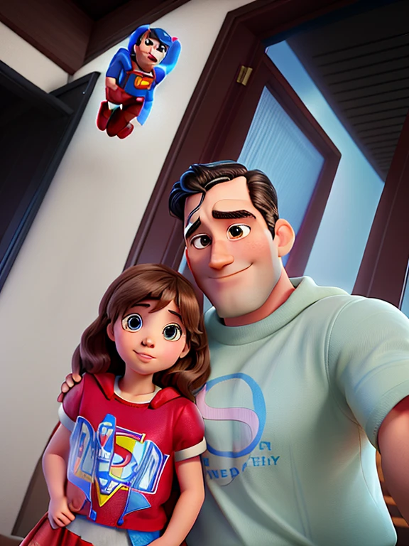 Daddy Superman and 4 year old daughter Supergirl with Pixar Disney style outer space background