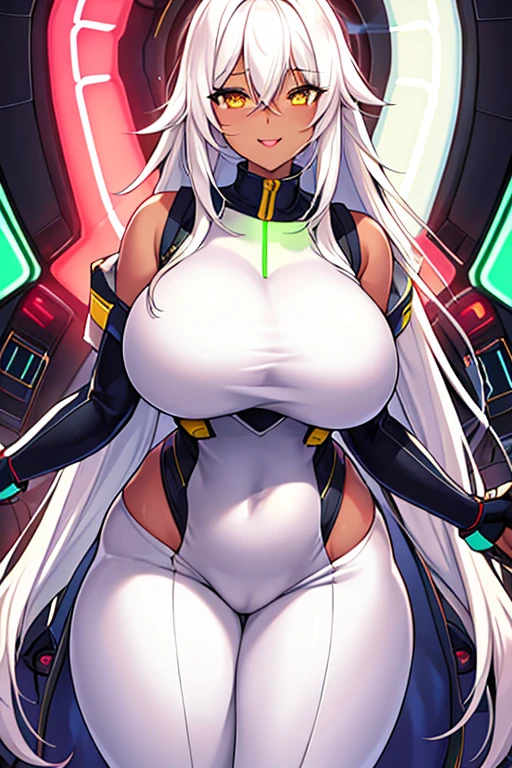 1girl, dark skin, dark-skinned female, white hair, long hair, yellow eyes, large breasts, breasts, thick thighs, wide hips, mature female, milf, tall, tall female, toned, toned female, smile, futurustic, science-fiction, machinery, tech, white clothes, white bodysuit, bodysuit, neon trim, neon, neon lights,