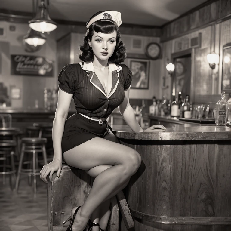 Full body portrait of Betty Page, alone (in a short sailor outfit, 1940s, very detailed: 1.5), (finely detailed face, 1.5 inches), (1940s hairstyle with a high pompadour: 1.5 inches), (slim body, voluptuous, small hips: 1.8), (leaning on a bar rail: 1.5 inches), (inside a dim, old big band bar from the 1940s: 1.4 inches), (soft studio lighting, volumetric shadows), JCH Street Pan film, ISO 100.

Betty Page,