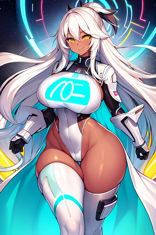 1girl, dark skin, dark-skinned female, white hair, long hair, yellow eyes, large breasts, breasts, thick thighs, wide hips, mature female, milf, tall, tall female, toned, toned female, smile, futurustic, science-fiction, machinery, tech, white clothes, white bodysuit, bodysuit, neon trim, neon, neon lights,