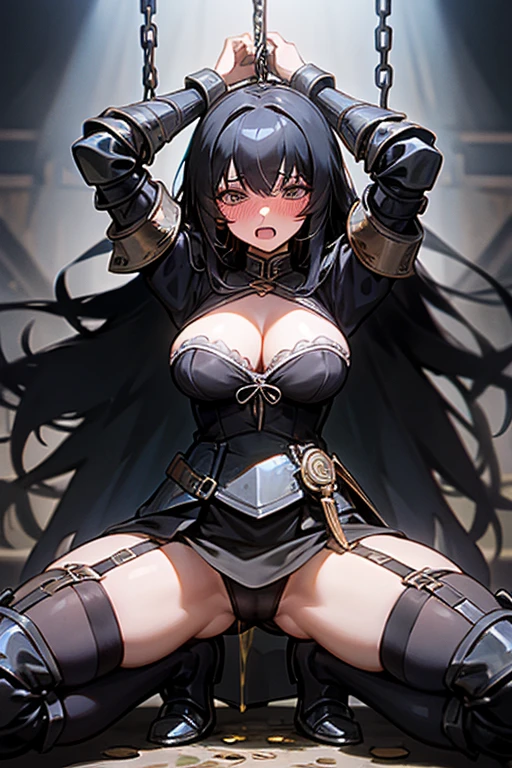 Only One Woman、Black Hair、Long Hair、Large size breasts、female knight、Wearing black armor、Dress with a slit、Wearing stockings、garter belt、Cleavage、Urinating on stage、Spread your legs、Squat positions、Embarrassing、Open your mouth、Blushed face、Spilling urine from the crotch、Suppressed、Handcuffs、Shackles、Bound in chains、Hands above head、