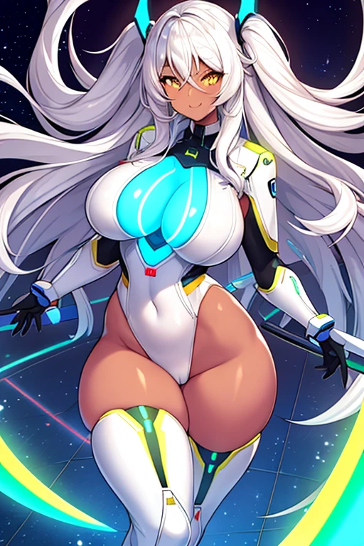 1girl, dark skin, dark-skinned female, white hair, long hair, yellow eyes, large breasts, breasts, thick thighs, wide hips, mature female, milf, tall, tall female, toned, toned female, smile, futurustic, science-fiction, machinery, tech, white clothes, white bodysuit, bodysuit, neon trim, neon, neon lights,