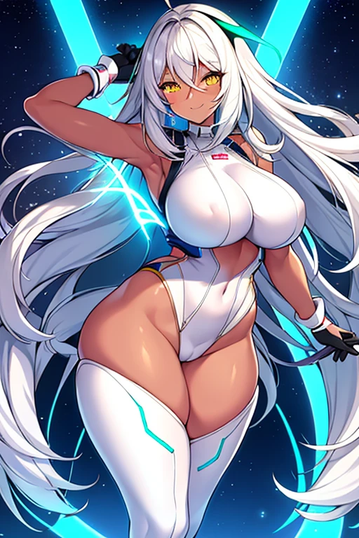 1girl, dark skin, dark-skinned female, white hair, long hair, yellow eyes, , , thick thighs, wide , mature female, milf, tall, tall female, toned, toned female, smile, futurustic, science-fiction, machinery, tech, white clothes, white , , neon trim, neon, neon lights,