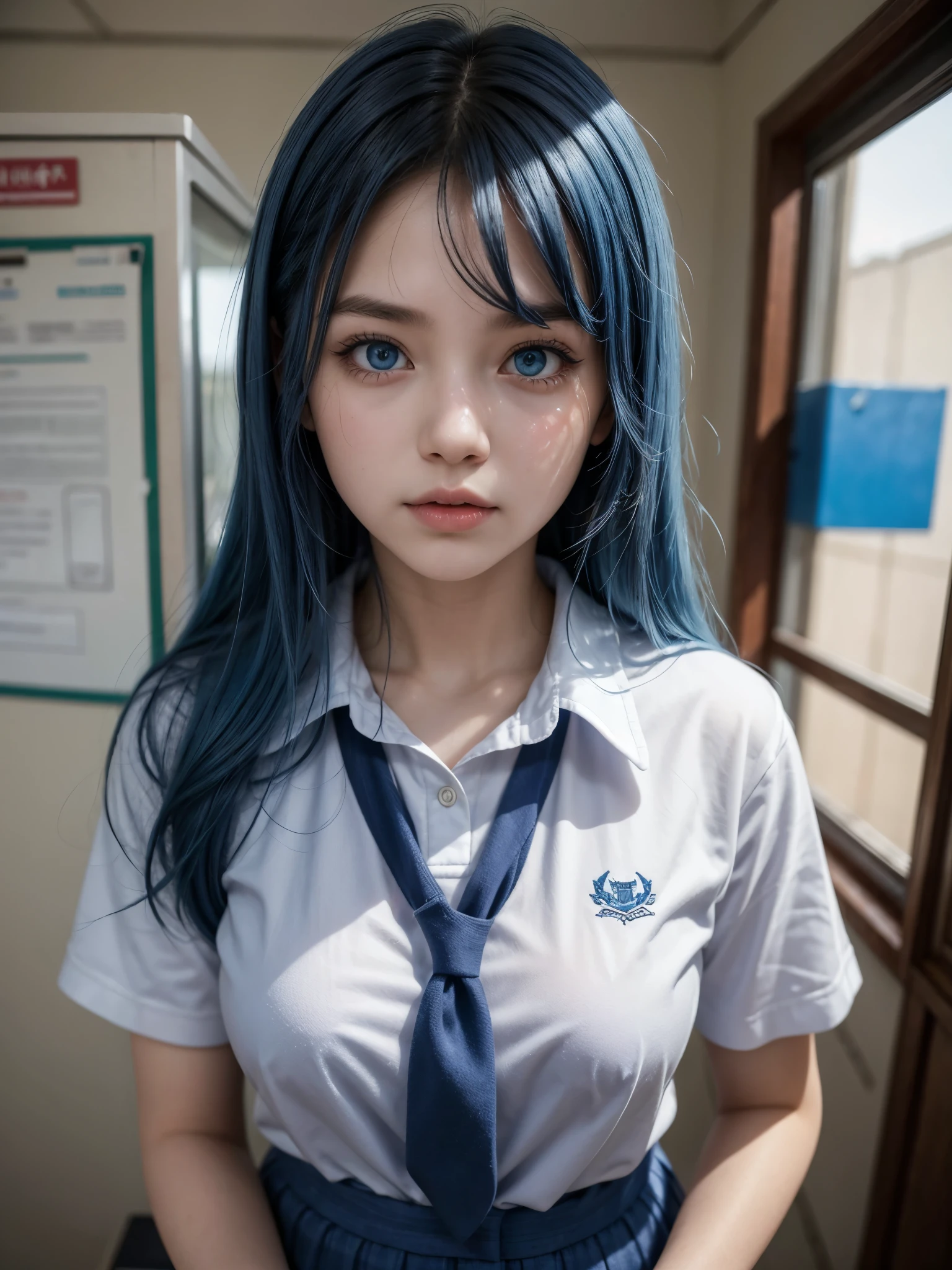 Hot girl, blue hair, blue eyes, school clothes