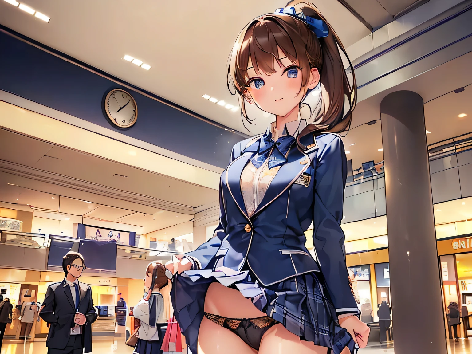 (Masterpiece, highest quality, high resolution, realistic photos, realistic looking skin:1.1),
(A high school girl pulls up her own skirt to show us her panties: 1.8),
(provocative, smirking expression: 1.5),
(She is wearing a navy blue blazer over a white collared shirt from her high school uniform: 1.8),
(She is wearing a gray mini-skirt of her high school uniform: 1.5),
(She is wearing black loafers: 1.5),
(She is wearing navy blue high socks: 1.5),
(Her panties are white lace with a pattern: 1.5),
(She has brown hair in a medium ponytail:1.5),
(Location: shopping mall:1.5),
1 Japanese girl, solo, full bodied esbian, beautiful eyes, glowing eyes, glowing thighs, NSFW