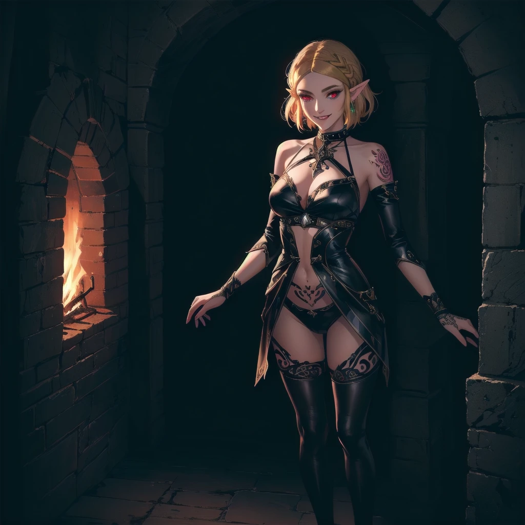 (zelda totk reimagined as a corrupted dark queen by ganon )+++, sfw++,masterpiece, best quality, high quality, illustration, film grain,(perfect female )++, beautiful detailed eyes, (symbol of evil:1.2),milf zelda, lascivious woman, (evil smile:1.1), (villain, dark heroine:1.2), (perfect female proportions:1.1), (seductive eyes:1.2), eyeliner, mascara, sexy makeup, (seductive smile:1.2), (mature woman:1.4),masterpiece, best quality, high quality, illustration, film grain, 1girl, (glowing evil red eyes), evil grin, crazy eyes, (high resolution, masterpiece, ultra best quality, insanely amazing hyper fine extremely detailed, official:1.4) dark heroine anime girl with short hair in a dark and evil place, extremely detailed artgerm, (official:1.4), dynamic composition, (solo girl:1.4), {sfw}, masterpiece, ultra-detailed, iconic attack, dominatrix, spiked collar, dark kingdom, bad end, 1girl, solo female, solo focus, mature female, standing, full body, looking at viewer, dark zelda totk, dark queen, evil, corruption, contrapposto, mind break, blond hair, (short hair:1,5), evil smile, lips, eyelashes, evil grin, dark aura, thigh_clothes, ,alternate costume, bdsm, (intricate details:1.12), (intricate details, hyperdetailed:1.15), hdr, dungeon, (at night:1.2), fireplace, warm light, dramatic light, cinematic,creepy dungeon, dark aesthetic, goth aesthetic, creepy, ominous background, dark atmosphere, death atmosphere, green and red atmosphere, evil dungeon background, gothique, faint darkness, ((red glow crotch tattoo)),