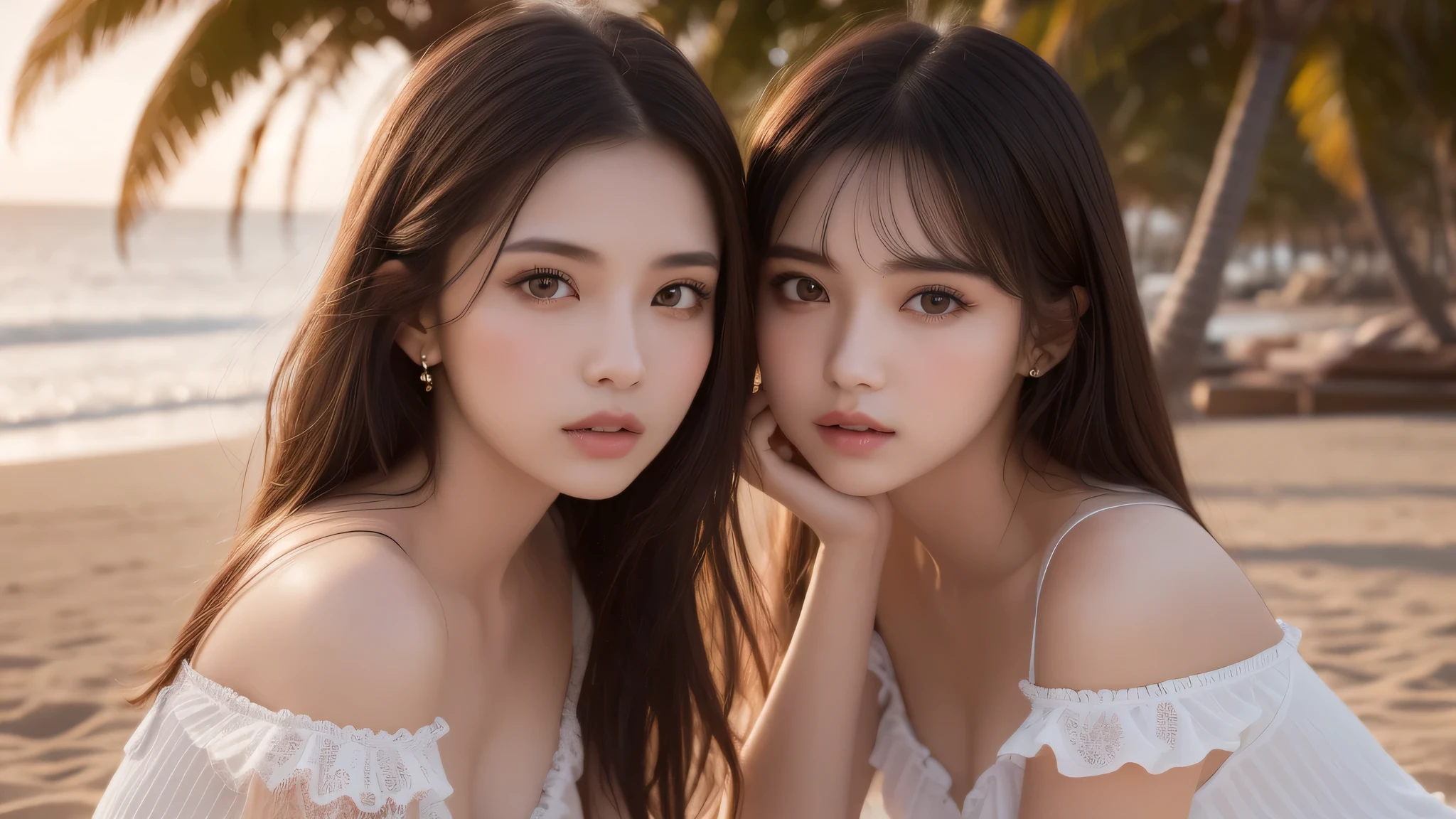 (2girl), Enchanted expression, transparent lace frills clothes, sexy look, (Best Quality:1.4), (Ultra-detailed), (extremely detailed beautiful face), brown eyes, (highly detailed Beautiful face), (extremely detailed CG unified 8k wallpaper), Highly detailed, High-definition raw color photos, Professional Photography, Realistic portrait, evening, Extremely high resolution, beach, Palm tree, (Fine face:1.2),