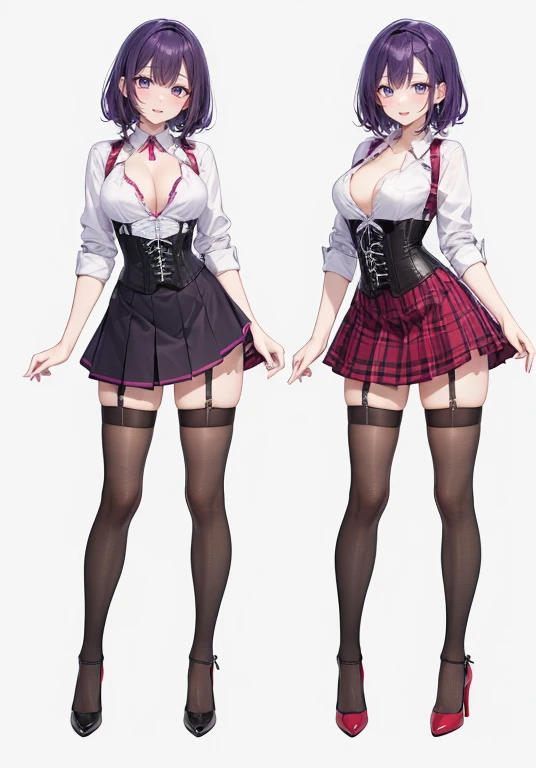 Purple Hair,Shortcuts,Adult female,(bartender),((Body Harness)),((Roll up your shirt sleeves)),(corset),(Tight Skirt),((garter belt)),(High heels),((Simple Background)),smile,((whole body)),((whole body)),Character Sheet,