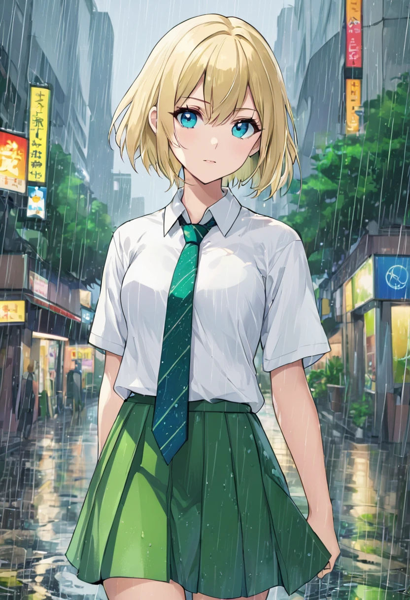 1girll, blond hairbl, Short hair, Blue eyes, White shirt, green necktie, Green skirt, City, rain, Detailed background,Anime Tarot Card Art Style