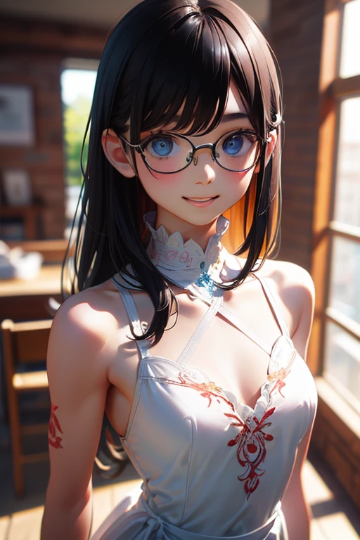 masterpiece, highest quality, One Girl,  Thighs, beautiful girl, Small waist, RAWphotograph,Accurate hands,Face Light, Dynamic Lighting, Cinema Lighting, Ultra-realistic, High resolution, photograph, Sharp focus, whole body、Large Breasts、smile、Long Hair、Beautiful cleavage、Shaking breasts、White high heels、Low angle shot、look back、弾けるsmile.8k, Tabletop, RAWphotograph, highest quality, Realistic, Highly detailed CG Unity 8k wallpaper, Written boundary depth, Cinematic Light, Lens flare, Ray Tracing, (Very beautiful face, Beautiful Lips, Beautiful Eyes), Exquisitely detailed face, ((Highly detailed skin)) 、 (Very slim and slender fit muscular body:1.3), (Embarrassed:1.3), Clear Eyes, (Pale skin), (Big eyes), look forward to, (whole bodyショット), ((Beautiful white silk dress、Delicate embroidery:1.3)), Open chest, Backtrack, (Shrapnel), focus on, in front of the eyebrows,Frameless Glasses,Model slim body shape、Lie on your back