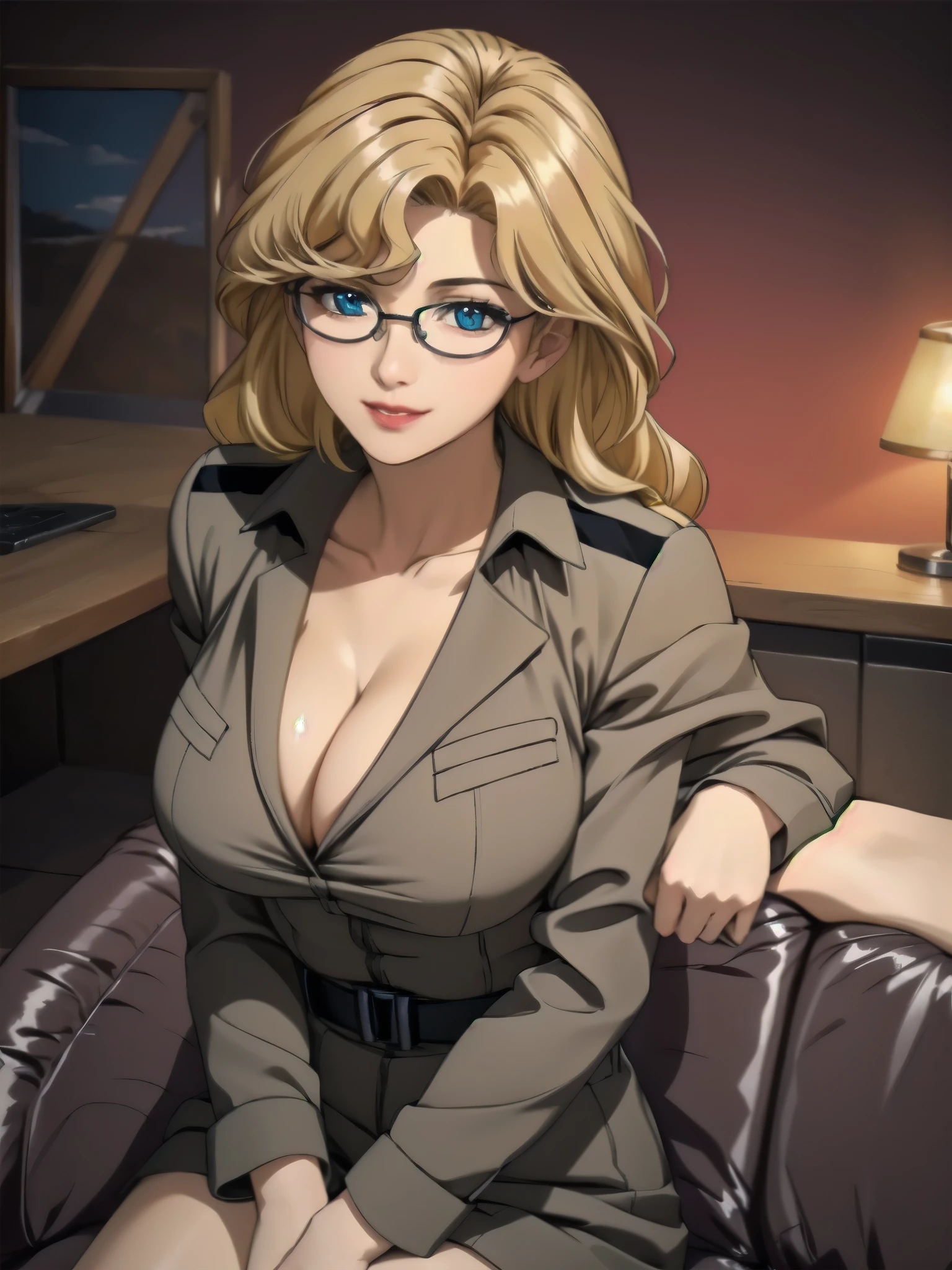 masterpiece, best quality, ultra-detailed, 8k, (detailed background, complex background:1.2), (perfect face, detailed face), 1girl, solo, (mature female, milf), huge breasts, blonde hair, blue eyes, lipstick, Bangs, long hair, glasses, Brown_military_uniform, a uniform with gold trims and a collar, shirt, belt, cleavage, collarbone, Beautiful Finger, Beautiful long legs, Beautiful body, Beautiful Nose, beautiful character design, perfect eyes, perfect face, expressive eyes, perfect balance, (innocent_big_eyes:1.0), office, night , sitting chair, hand between legs, leaning forward, seductive smile, blush, looking at viewer, (Focus on her breasts)