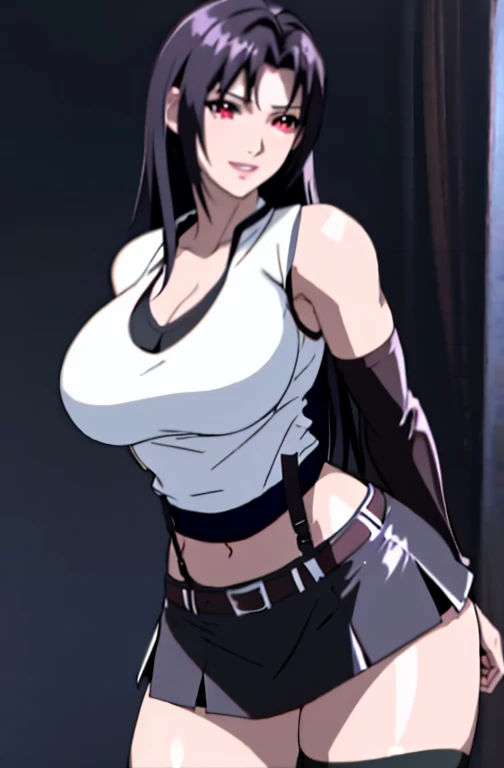  sultry face, (White vest:1.5), Black latex miniskirt, (Black long hair), Bangs (Red Eyes:1.2) Long eyelashes, Surrealism, shadow, Stereogram, View, Atmospheric perspective, Movie Lighting, Ray Tracing, 8k, Super Detail, best quality, masterpiece, Very detailed,Combat gloves, Large Breasts, Slim, Big , huge , [特写Cleavage]]]]huge长下垂的乳房, Cleavage, The chest is more exposed，Open your legs, White Thong (Smile)