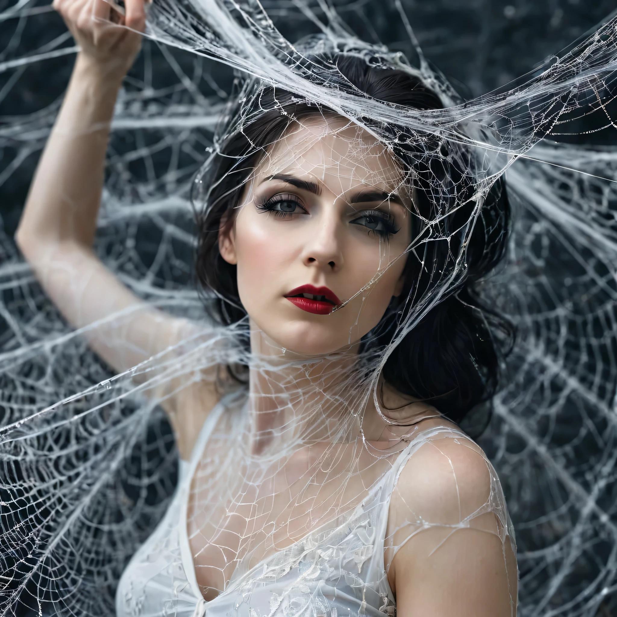 a woman entangled in the spider's web, cobweb