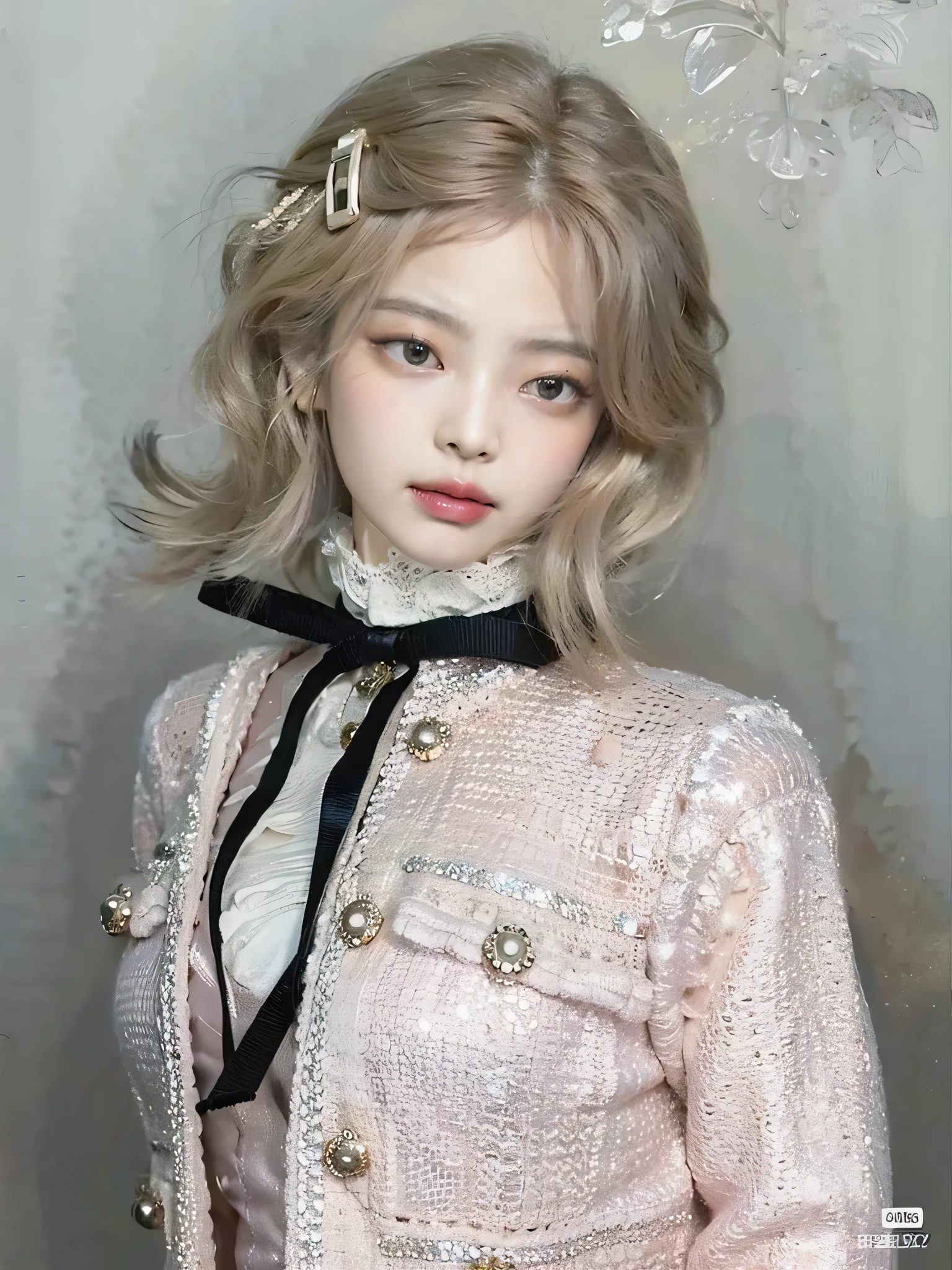 (best quality,HD highres,ultra-detailed:1.2),JENNIE KIM,(short curly hair,curly dark hair),(beautiful detailed eyes,long eyelashes),(pink blush),(full lips),(stylish outfit),(confident pose),(vibrant colors),(studio lighting,soft lighting),(realistic),K-pop celebrity,alpha-female,professional,close-up portrait,photorealistic:1.37,curly