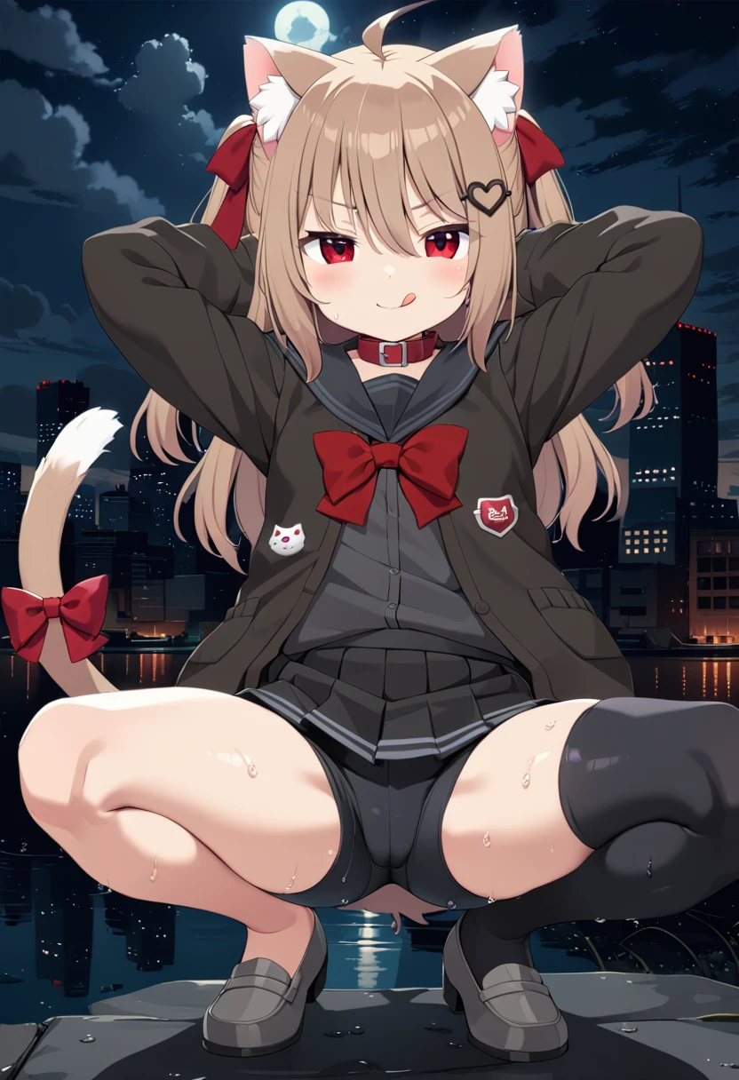 1girl, evil neuro-sama, (yuzu modoki), black skirt, pleated skirt, red eyes, black sailor collar, black cardigan, open cardigan, dark red ribbon, hair ribbon, two side up, ahoge, heart hair ornament, long sleeves, light brown hair, asymmetrical legwear, black thighhighs, black kneehighs, grey footwear, loafers, natural lighting, (masterpiece, best quality), night, skyline, detailed scenery, (3d render:0.7), highly detailed, finely detailed, animal collar, cat ears, cat tail, tail bow, squatting, open legs, bike shorts, arms behind head, wet, steam, see-through, tongue out,