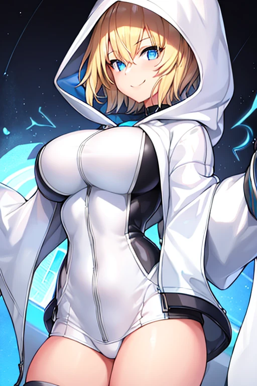1girl, blonde hair, blue eyes, very short hair, hood up, hoodie, jacket, white jacket, hooded jacket, glowing eyes, bodysuit, black bodysuit, smile, tall, tall female, large breasts, toned, toned female