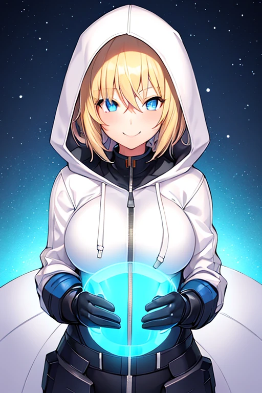 1girl, blonde hair, blue eyes, very short hair, hood up, hoodie, jacket, white jacket, hooded jacket, glowing eyes, bodysuit, black bodysuit, smile, tall, tall female, large breasts, toned, toned female