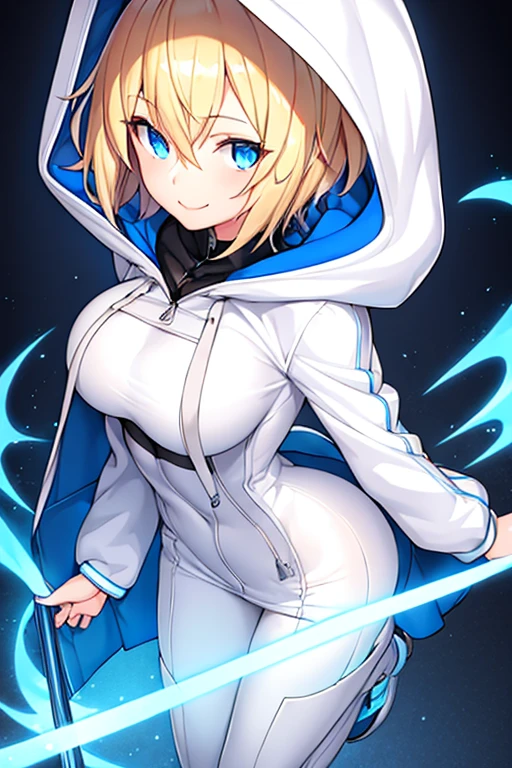 1girl, blonde hair, blue eyes, very short hair, hood up, hoodie, jacket, white jacket, hooded jacket, glowing eyes, bodysuit, black bodysuit, smile, tall, tall female, large breasts, toned, toned female