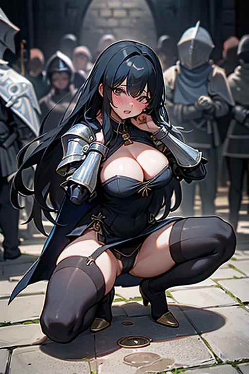 Only One Woman、Black Hair、Long Hair、Large size breasts、female knight、Wearing black armor、Dress with a slit、Wearing stockings、garter belt、Cleavage、Urinating in the street、In front of a crowd、Spread your legs、Squat positions、Embarrassing、Open your mouth、Blushed face、Spilling urine from the crotch、Suppressed、Handcuffs、Shackles、Bound in chains、Hands above head