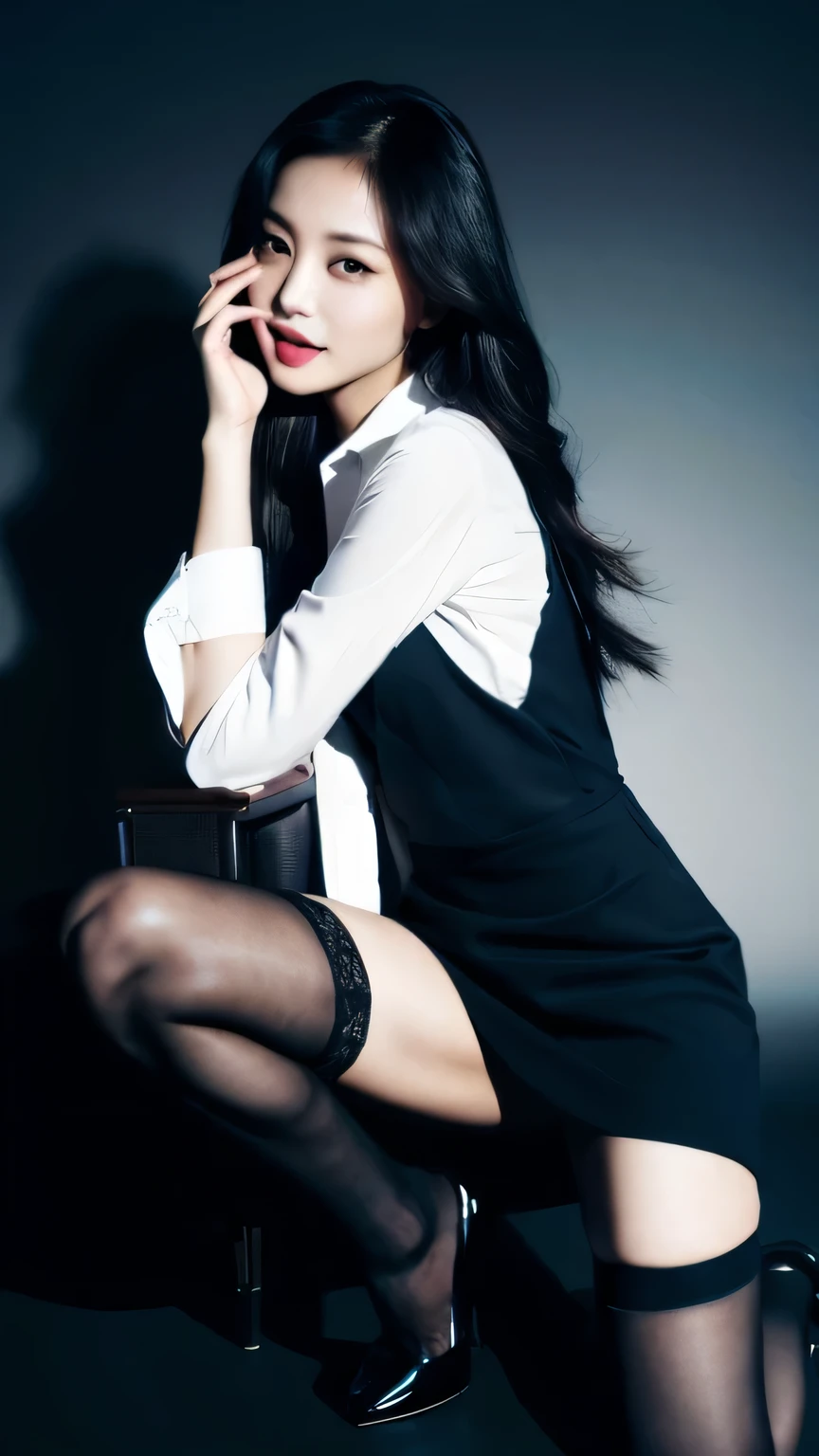 dress shirt,stockings,spread legs,sexy pose,,whole body,plump body,cute face,beautiful face,double eyelid,open mouth,long hair,black hair,black eyes,darkblue background color,mysterious,high quality,photorealistic,japanese,beautiful woman,gravure,adult woman,fashionable,fashion model