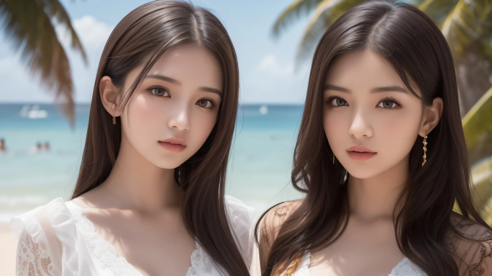(2girl), Enchanted expression, (transparent lace frills clothes), sexy look, (Best Quality:1.4), (Ultra-detailed), (extremely detailed beautiful face), brown eyes, (highly detailed Beautiful face), (extremely detailed CG unified 8k wallpaper), Highly detailed, High-definition raw color photos, Professional Photography, Realistic portrait, Extremely high resolution, beach, Palm tree, (Fine face:1.2), sunny day
