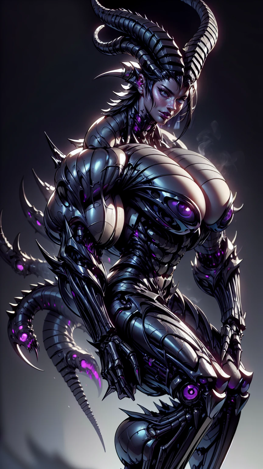(draconic alien biomechanical succubus with carnage & witchblade physique:1.5), (megan fox as a muscular alien draconic biomechanical demonic woman with flayed skin, gigantic horns, & necrotic metallic muscle:1.5), (witchblade muscular anatomy:1.25), (perfect fingers:1.25), ((wide shoulders & upper body:1.25)), (very skinny legs:1), (huge muscular arms:1.25), (ten pack abs:1.25), (full body view:1.25), choker, detailed eyes, (looking at viewer), (smile:1.25), (blank dark background:1.25), in the art style of H.P. Giger, (beautiful girl face:1.25)