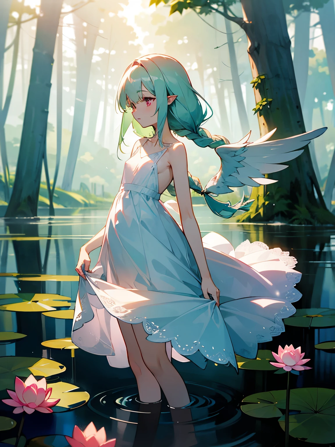 anime art style; beautiful girl; pale skin; light pink eyes; thick, very long, loose, very light green hair, with bangs, with two shoulder-length braids braided near the ears; white ribbons in the hair; two small white wings instead of ears; short stature; fragile build; small boobs; narrow hips; thin legs; thin body; very skinny; shirt; teen girl; looks young; a delicate long white dress with lace; shoulders are open;  are suddenly naked; the dress is wet and transparent, the naked body is visible under it; dress looks like nightgown; no panties, no bra; pink swollen nipples, smoothly choosing a pinkish pussy; in the lake in the forest; early morning; water lilies bloom on the lake; a lot of greenery around; fog creeps over the water; sunlight breaks through the foliage of the trees; the sky is not visible behind the foliage of the trees