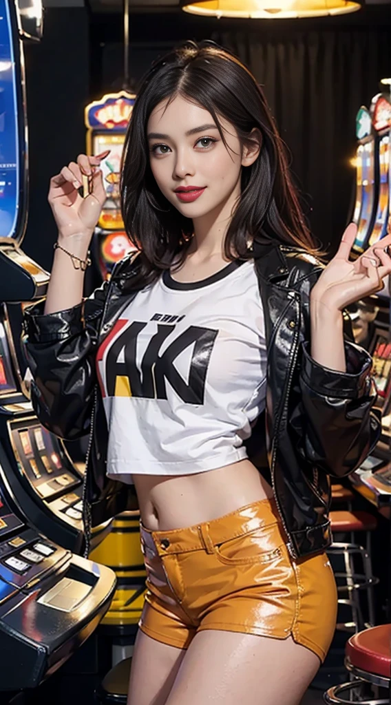 8k, Best Quality, (Beauty), High Definition, Realistic, Real Person, Jackpot at Slot Machine, Guts Pose, Smiling, Screaming, One Young Pretty Girl, Glossy Enamel Shorts, T-shirt Short Enough to Make Your Stomach, Short Leather Jacket, (Wearing a lot of fancy accessories))