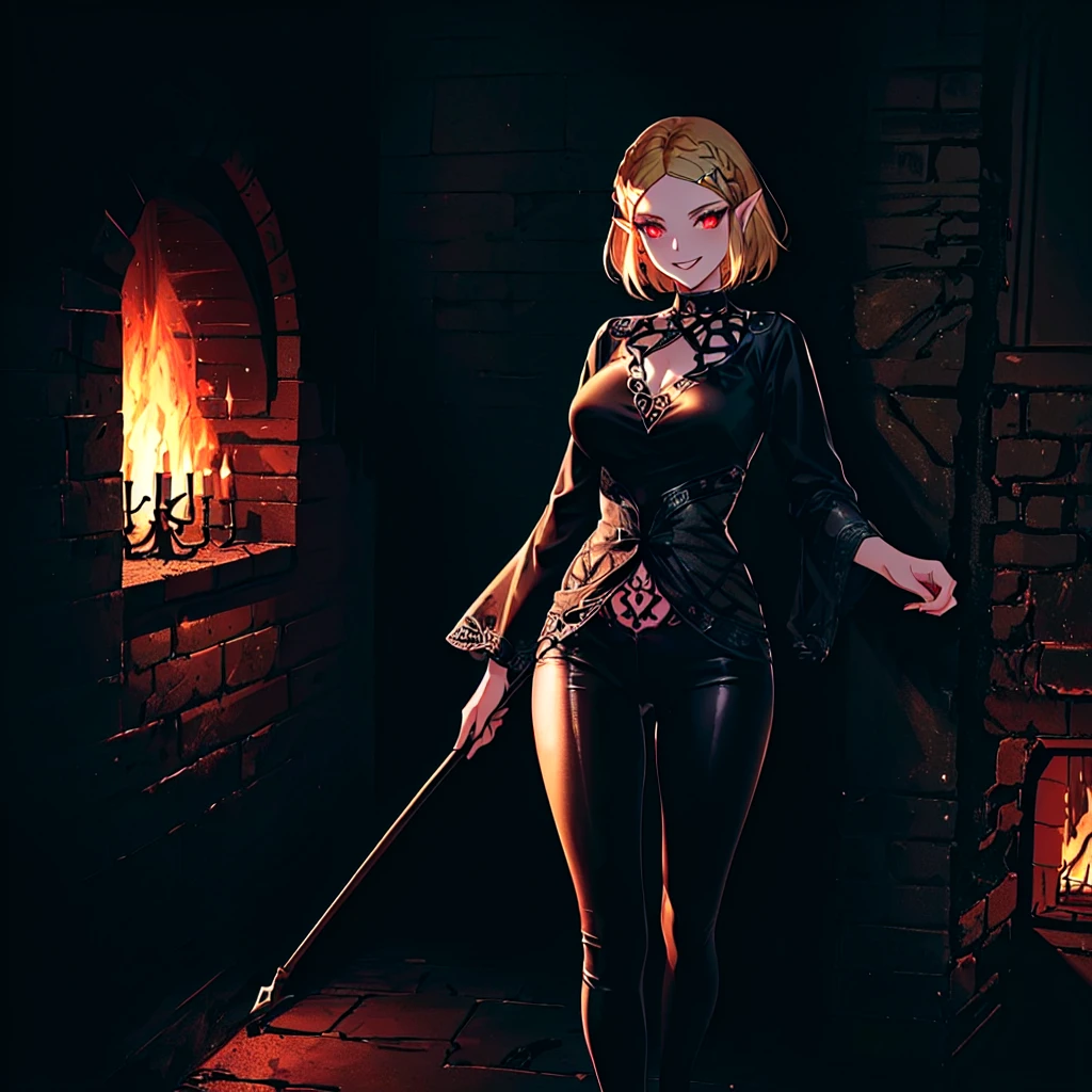 (zelda totk reimagined as a corrupted dark queen by ganon )+++, sfw++,masterpiece, best quality, high quality, illustration, film grain,(perfect female )++, beautiful detailed eyes, (symbol of evil:1.2),milf zelda, lascivious woman, (evil smile:1.1), (villain, dark heroine:1.2), (perfect female proportions:1.1), (seductive eyes:1.2), eyeliner, mascara, sexy makeup, (seductive smile:1.2), (mature woman:1.4),masterpiece, best quality, high quality, illustration, film grain, 1girl, (glowing evil red eyes), evil grin, crazy eyes, (high resolution, masterpiece, ultra best quality, insanely amazing hyper fine extremely detailed, official:1.4) dark heroine anime girl with short hair in a dark and evil place, extremely detailed artgerm, (official:1.4), dynamic composition, (solo girl:1.4), {sfw}, masterpiece, ultra-detailed, iconic attack, dominatrix, spiked collar, dark kingdom, bad end, 1girl, solo female, solo focus, mature female, standing, full body, looking at viewer, dark zelda totk, dark queen, evil, corruption, contrapposto, mind break, blond hair, (short hair:1,5), evil smile, lips, eyelashes, evil grin, dark aura, thigh_clothes, ,alternate costume, bdsm, (intricate details:1.12), (intricate details, hyperdetailed:1.15), hdr, dungeon, (at night:1.2), fireplace, warm light, dramatic light, cinematic,creepy dungeon, dark aesthetic, goth aesthetic, creepy, ominous background, dark atmosphere, death atmosphere, green and red atmosphere, evil dungeon background, gothique, faint darkness, ((red glow crotch tattoo)),